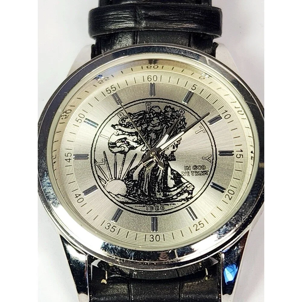 Vintage New American Eagle Lady Liberty Watch Black Leather Band New Battery